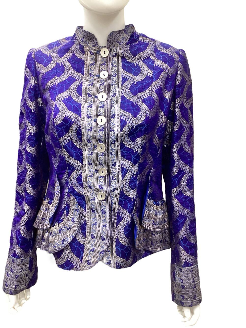 VTG Designer Polatof Women’s Blazer Size M Silk Embroidered Ruffled Royal Blue